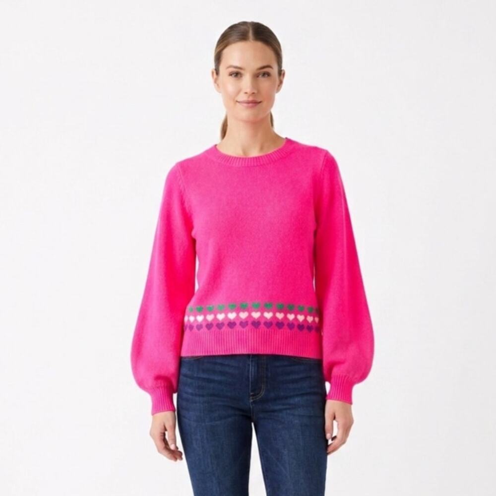 Lilly Pulitzer Sweater Womens S Bright Pink Tight Knit Heart Hem Balloon Sleeve